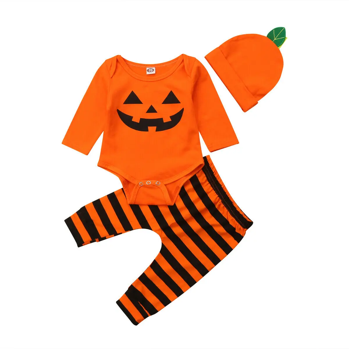 Осенняя одежда на Хэллоуин для маленьких мальчиков и девочек г. Повседневные топы с длинными рукавами для новорожденных, комбинезон+ штаны в полоску+ шапочка, комплект одежды из 3 предметов