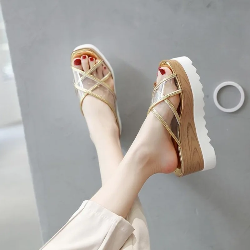

Slippers Women Summer On A Wedge Shoes Transparent Heel Slides Heeled Mules Platform Sliders Soft Heels Flat Wedges