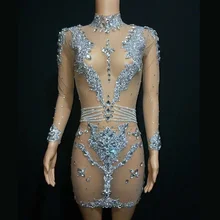 Новые блестящие стразы, Сетчатое платье, женское вечернее платье для ночного клуба, наряд для шоу, день рождения, празднование, перспективное короткое платье, DQS3254