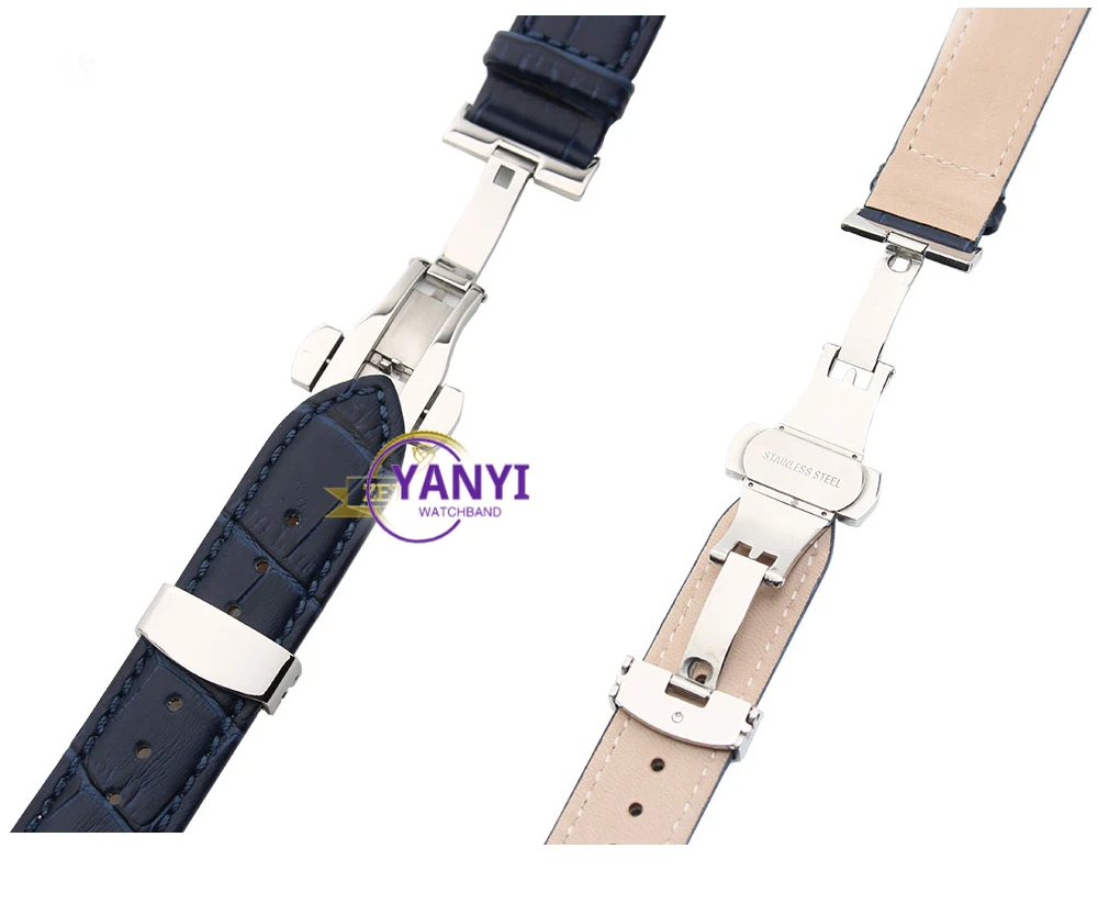 Genuine Leather Bracelet Dark Blue Color Watch Strap Butterfly Clasp Watchband Sized in 16mm 18mm 20mm 21 22mm 23mm Watch Band