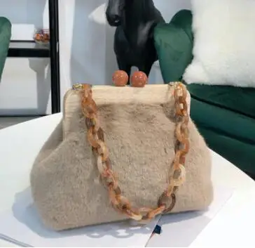 khaki Акриловая цепь сумка женская плюшевая клатч модная деревянная сумка на плечо дизайнерская Брендовая женская роскошная сумка, сумка на плечо - Цвет: khaki