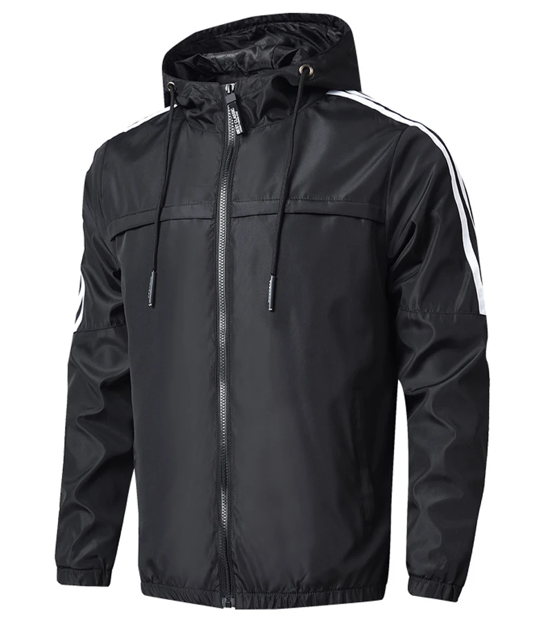 black Spring autumn Mens Fashion Outerwear Men' S Windbreaker stripe Jackets Hooded Casual Sporting gym joggers Coats size M~7XL 8XL - Цвет: black