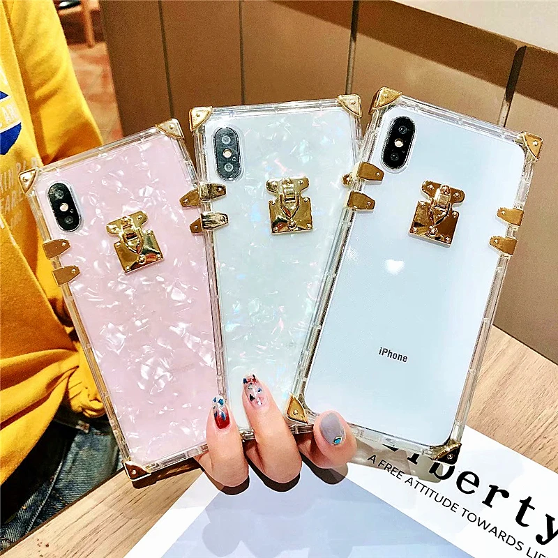 

Square Women Metal Conch Transparent Phone Case For iPhone X Case Soft Silicon XS Max XR X 6 6s 7 8 Plus Cases Clear Back Cover