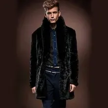 Новые зимние мужские тонкие пальто из искусственного меха, длинное черное пальто из искусственной норки, мужские повседневные теплые пальто с отложным воротником D622