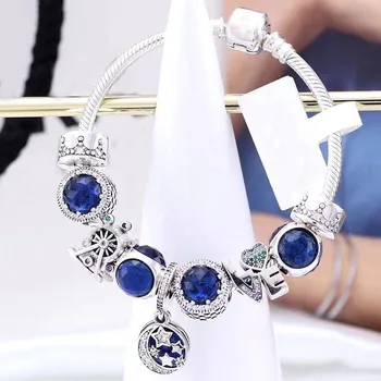 

New 925 Sterling Silver Blue Star Pendant Cat's Eye Beads With Classic Button Bracelet Fit Original Pandora Charm Diy Jewelry
