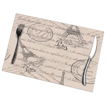 

6 Pcs Placemat Vintage Eiffel Tower Lettering Paris Stamps Fabric Table Mats Tableware Kitchen Tool Table Mats
