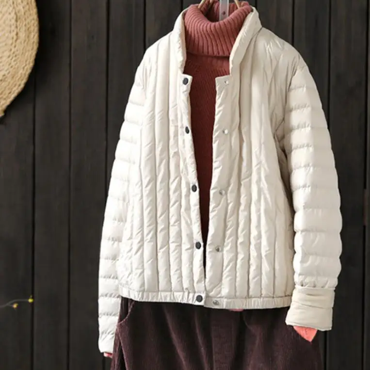 beige Женские осенне-зимние пальто легкие Модные женские тонкие пальто меховой жакет с вортником стойкой утка вниз легкая куртка - Цвет: beige