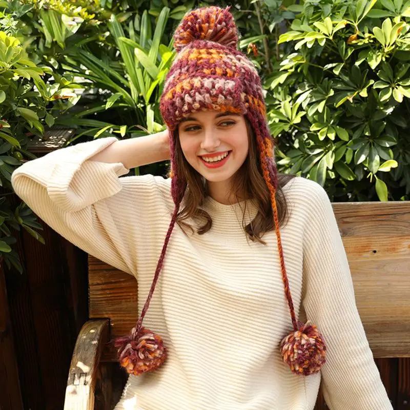 

Women Winter Chunky Crochet Contrast Color Stripe Beanie Hat with Earflap Pompom