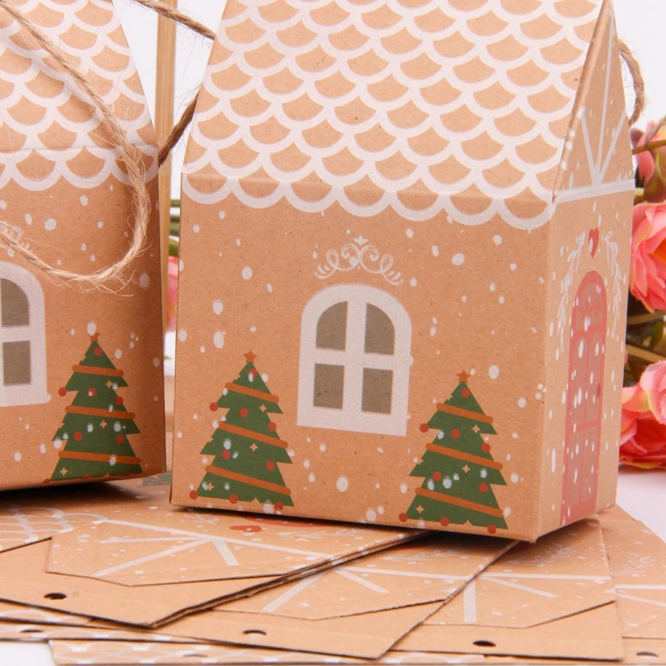 5 шт Счастливого Рождества гостей упаковочные коробки в форме домика рождественские конфеты подарочные пакеты с веревками Рождественская елка пакеты печенья вечерние Декор