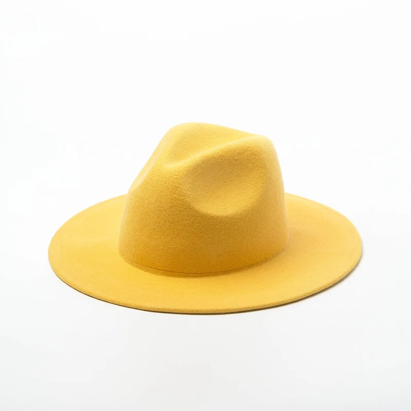Осень-зима дамы фетровая шляпа мягких фетровых большая шляпа женские фетровые однотонные Цвет шерстяной джазовый Шапки шерстяная, фетровая шляпа Панама шляпа - Цвет: yellow