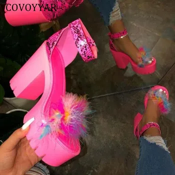 

COVOYYAR Sexy Shoes Women Ankle Strap High Heels Faux Fluffy Women Sandals Chunky Heel Party Club Summer Lady Pumps WHH217