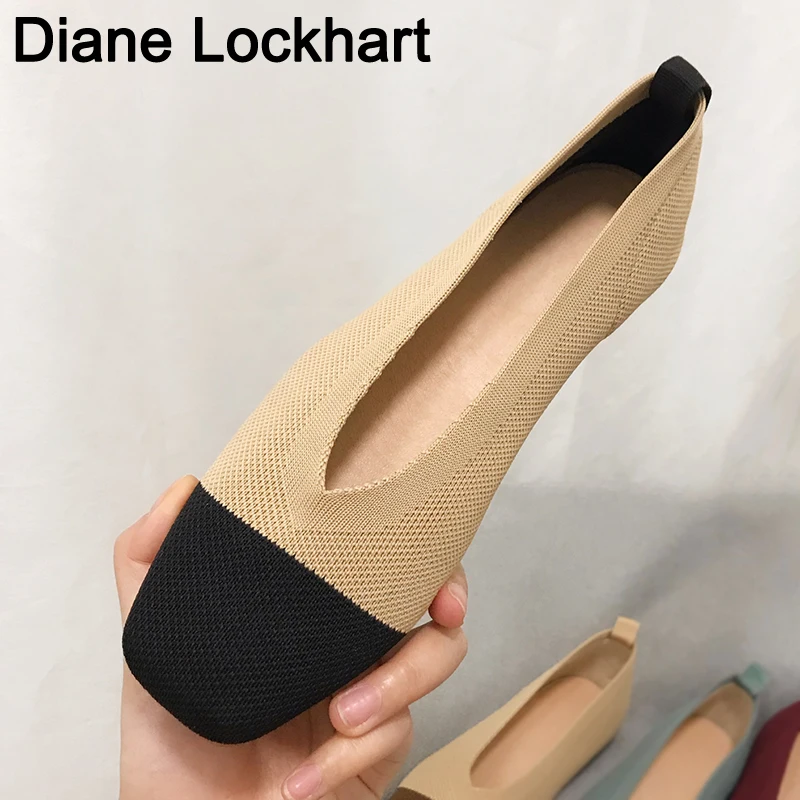 

Women Flats Ballet Shoes Breathable Knitted V Square Toe Moccasins 2020 Spring Autumn Mixed Color Flat Ballerina Female zapatos