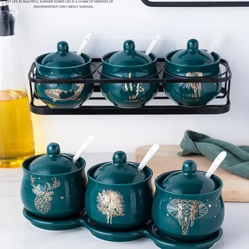

Nordic Ceramic Seasoning Jar Set Dark Green Oil Bottle Four-piece Household Hanging Seasoning Box Kitchen Storage Tank Sugar Can