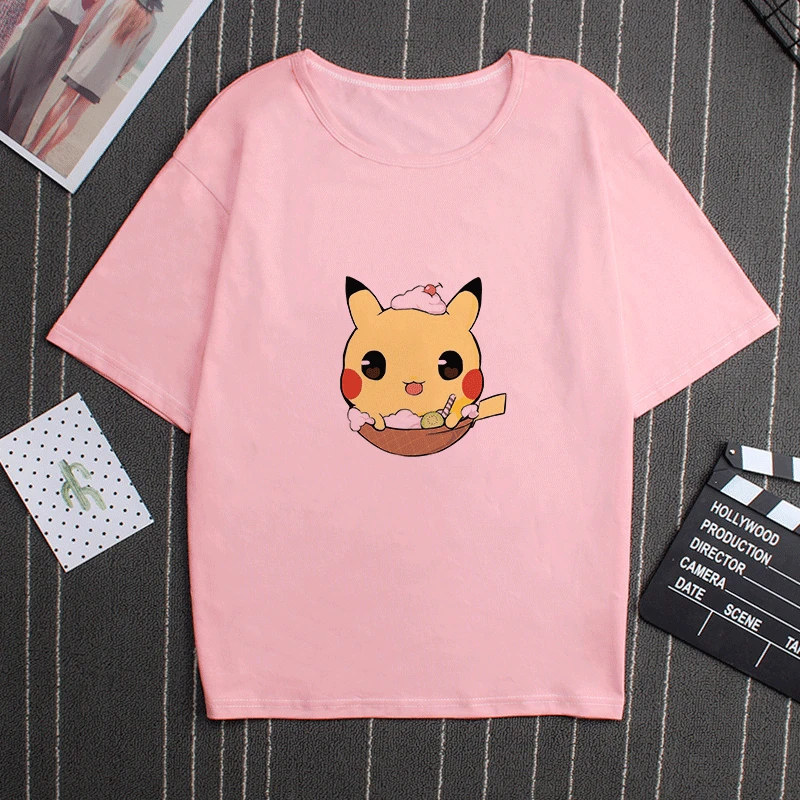 Poleras Mujer De Moda футболка веселое Harajuku Vogue футболка Kawaii футболка "Аниме" топы эстетические Пикачу Розовая Одежда - Цвет: 3546
