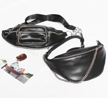 

High Quality Black Soft Waist Bag For Women Multi-functional Zipper Rivet Punk Street Chest Bag Adult Unisex Travel Bags