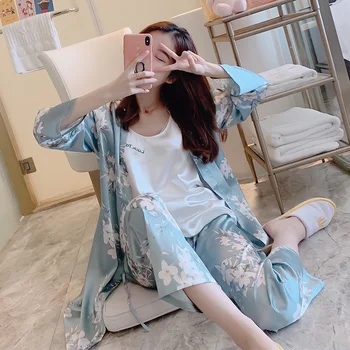 

2021 Spring Autumn Women's 3 Pieces Pajamas Sets Silk Nightwear Flower Print Pijama Satin Sleepwear Thin Homewear Nightsuits