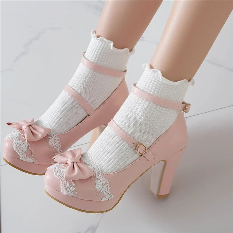 AGODOR Lolita Shoes Big Size Womens High Platform Bow Pumps with Buckle Ankle Strap Spring Cute Rockabilly Shoes Woman Pin|Women's Pumps| - AliExpress