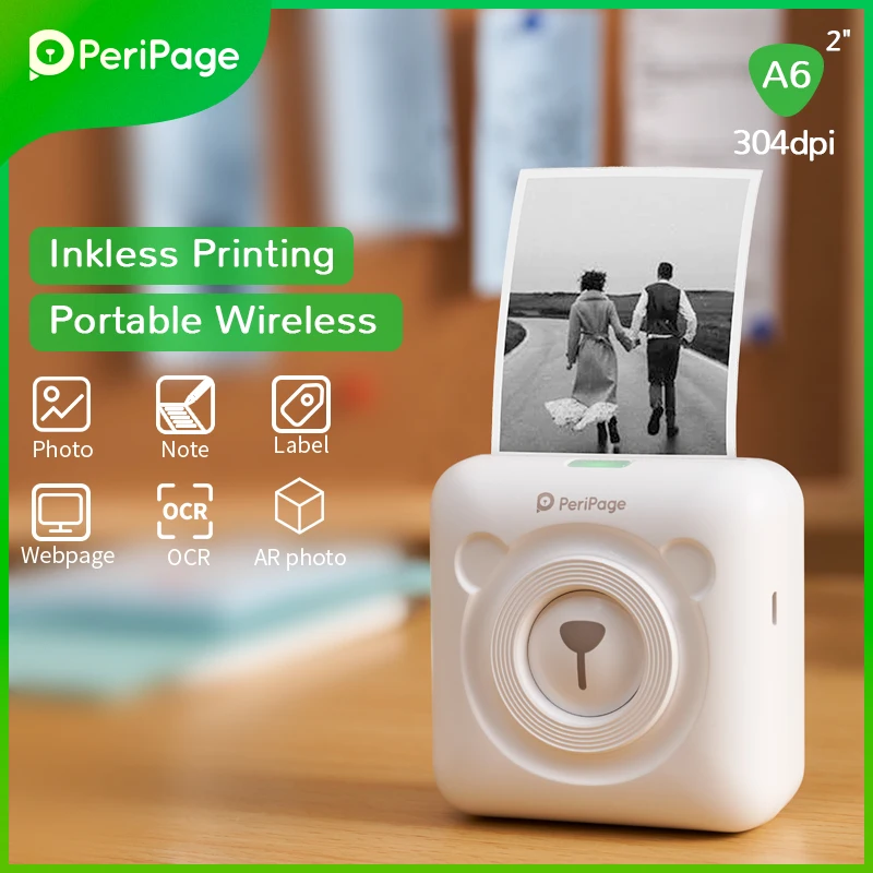 PeriPage 304 точек/дюйм белый ярлык чековый фото беспроводной мини портативный