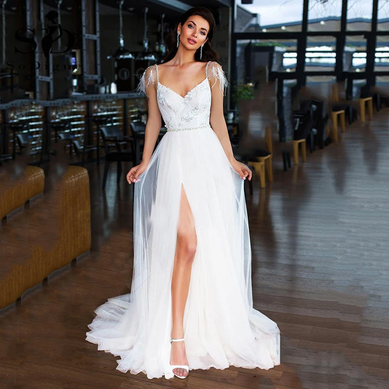 Clásico Kilómetros Tulipanes SoDigne vestido de novia de plumas para mujer, traje de novia Sexy con  Espalda descubierta, abertura lateral, cuentas, 2021|Vestidos de novia| -  AliExpress