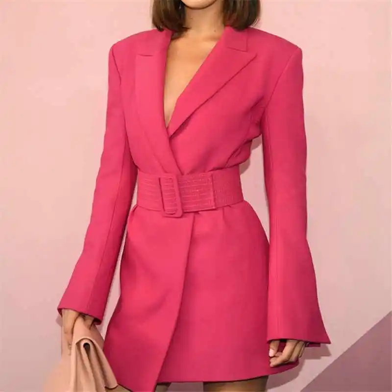[LIVIVIO] с расклешенными рукавами, с длинными рукавами, с зазубренным воротником, розовый блейзер, платье с поясом, офисные женские мини-платья, осень