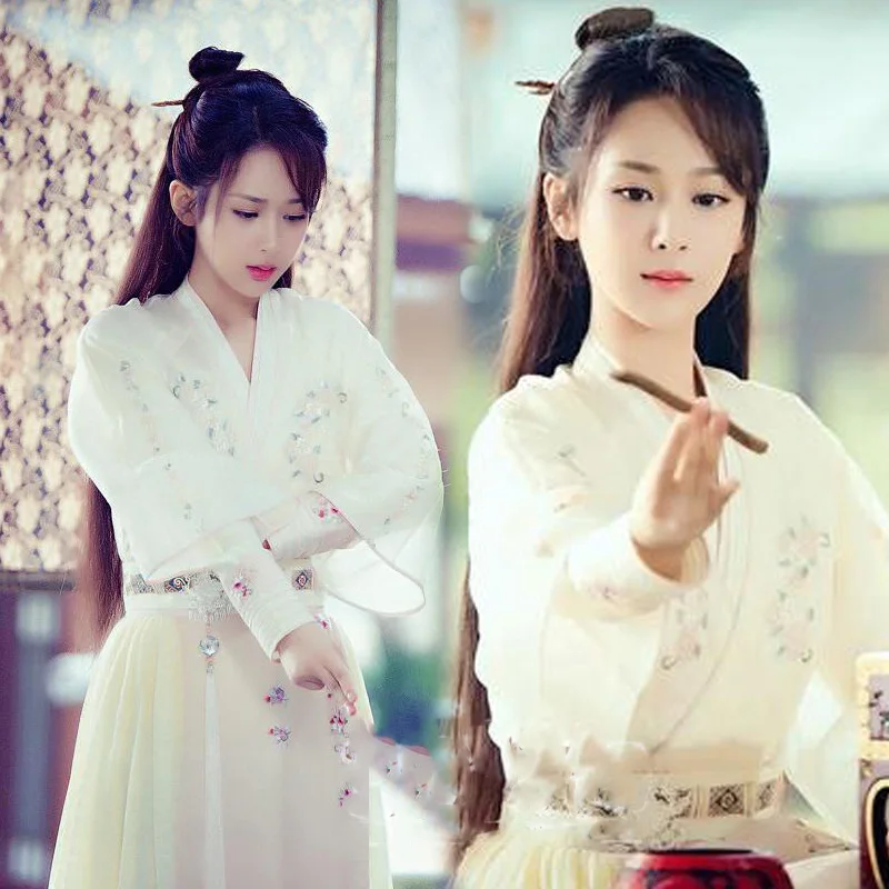 Супер Сказочный женский костюм с белой вышивкой Hanfu JinMi YangZi сказочный новейшая