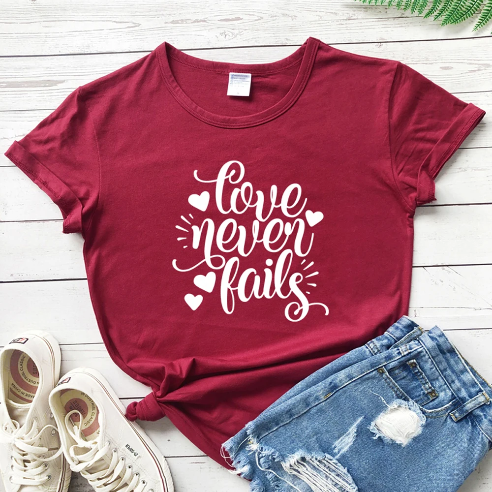 Love Never Fails Valentines T-shirt Casual Women's Christian Church Tshirt Cute Summer Graphic Inspirational Quote Tee Shirt Top | Женская