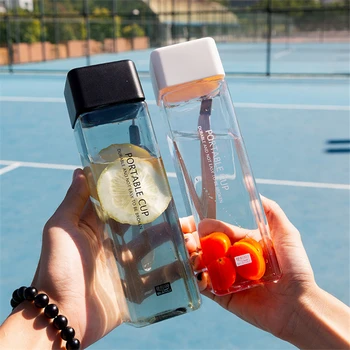 

500ml Plastic Square Water Bottle Portable Transparent Water Cup Milk Fruit Juice Leak-proof Outdoor Sport Travel Camping Bottle