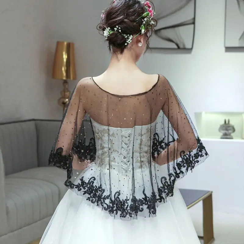 Women Retro Wedding Cape Sheer Black Tulle Embroidery Floral Lace Hem Bridal Capelet Bolero Glitter Moon Star Sequins Shrug Wrap