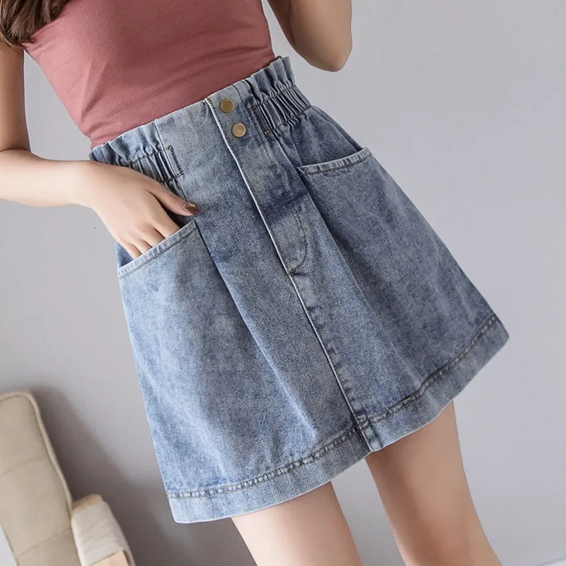light blue Летние модные милые женские джинсовые короткие юбки с высокой талией, повседневные уличные женские юбки трапециевидной формы с эластичным поясом и карманами, большие размеры - Цвет: light blue