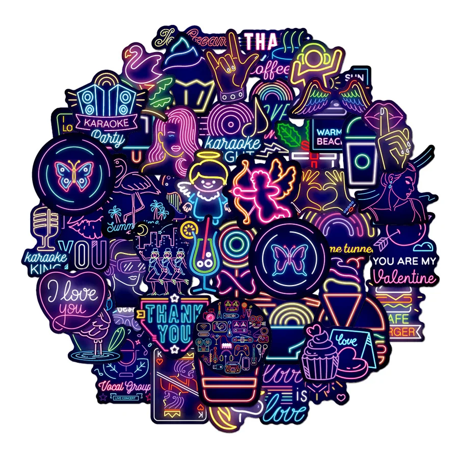 50 PCS Neon Stickers Anime Cute Vsco Neon Light Sticker to DIY Laptop kaSteboard Phone Guitar Suitcase Fridge Bike Car Decals