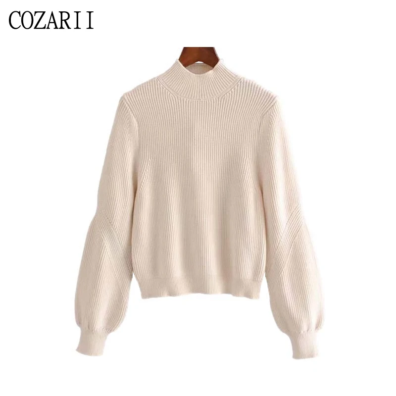 

Vintage Elegant Solid Knitted Sweater Women 2019 Fashion Turtleneck Long Lantern Sleeve Cozy Pullovers Chic Tops Pull Femme