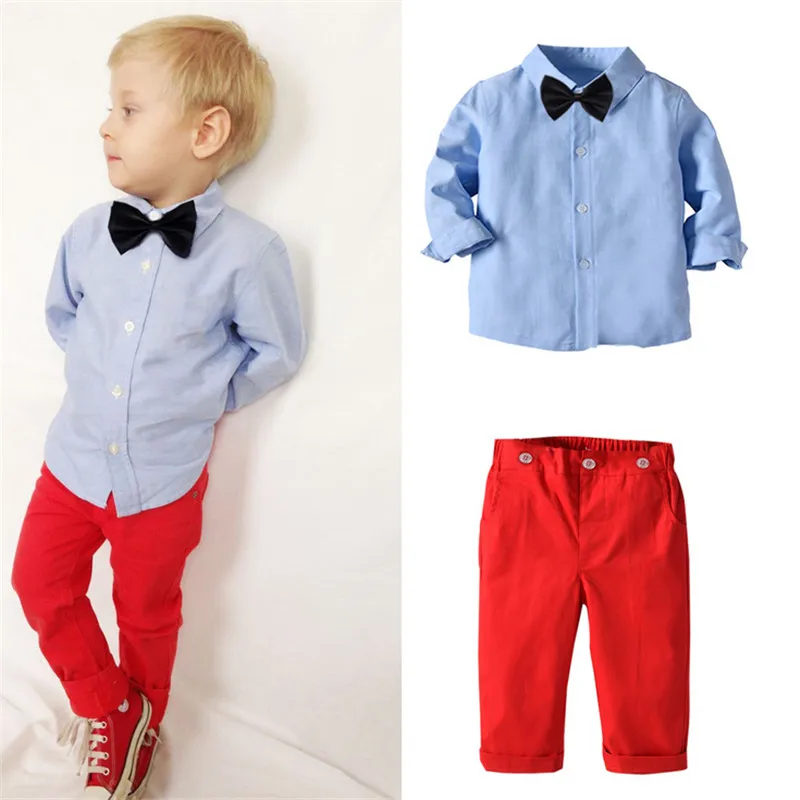 

Boys Two-piece Clothing Set gentleman Suits Kids Blue Solid Color Open Front Lapel Shirt Red Long Pants Clothes Set 1-7 Years
