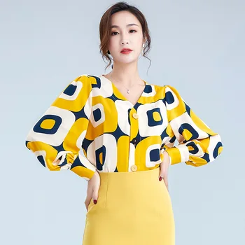 

2020 season women's geometric printed cardigan chiffon V NECK lantern sleeve wu dan loose-fit top women's