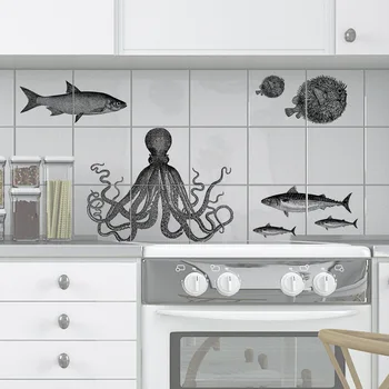

European And American Popular Tile Paste Octopus Decoration Toilet Black And White Plain Waterproof Wall Paste Kitchen Decor