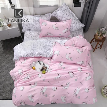 

Lanlika 2020 Cartoon Cat Pink Bedding Sets Bed Linen Duvet Cover Flat Sheet Bedding Set Single Double Full King Queen Bed Set