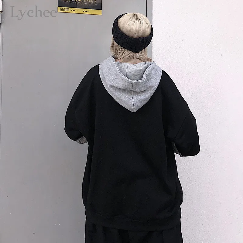 Lychee Harajuku Повседневный Женский пуловер из 2 частей с буквенным принтом, Лоскутная Женская толстовка с капюшоном, свободные осенние дамские свитшоты, топы