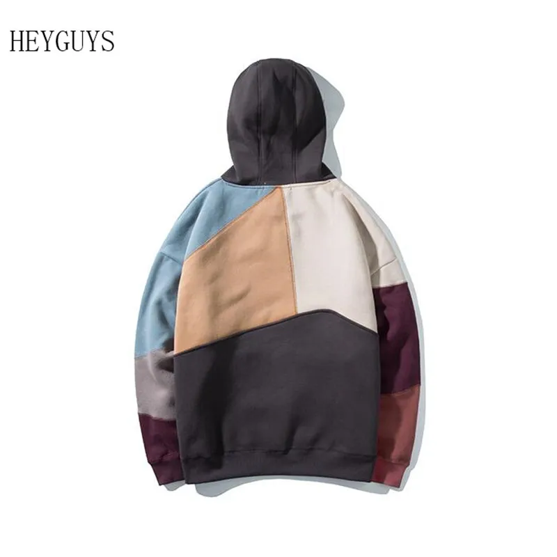 HEYGUYS Color Block Patchwork Fleece Hoodies Mens Winter Hip Hop Fashion Pullover Hooded Sweatshirts Men Hoodie Streetwear