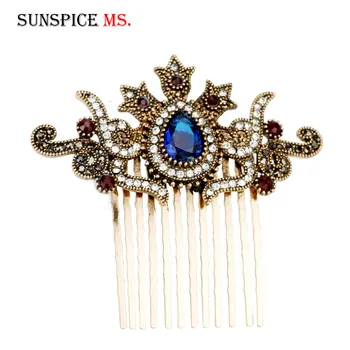 

SUNSPICEMS Retro Gold Crown Hair Comb for Women Turkish Arab Updo Jewelry Mosaic Rhinestone Elegant Ethnic Bridal Gift