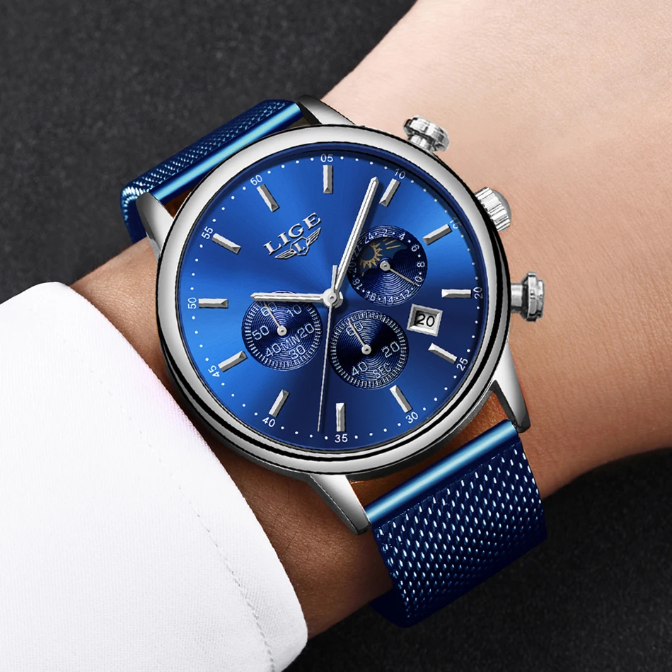 LIGE новые мужские часы Топ бренд класса люкс водонепроницаемые модные часы с фазой Луны кварцевые часы Мужские Спортивные Хронограф Reloj Hombre