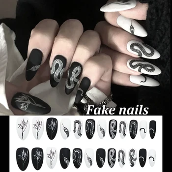 

24pcs Long Stiletto Fake Nails Punk Snake Pattern Black White Matte False Nails Artificial Full Nail Tips DIY Manicure Tools