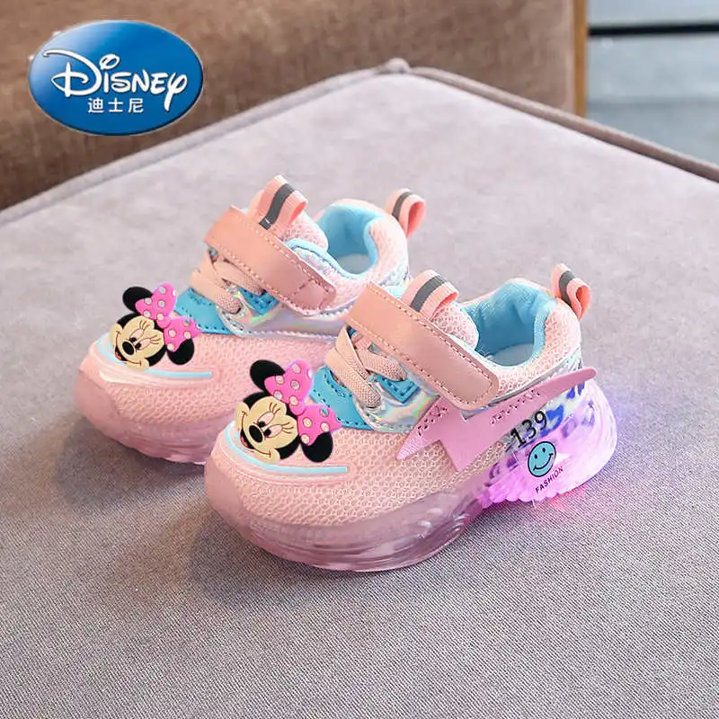 Disney/Детская Повседневная нескользящая обувь с рисунком Микки и Минни для мальчиков и девочек с мягкой подошвой; светодиодный светильник - Цвет: A