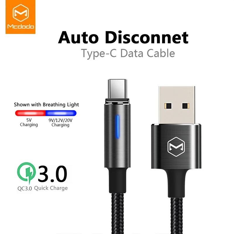 10 шт./лот Mcdodo USB Type C кабель для Samsung S9 Xiaomi QC3.0 Быстрая зарядка LED зарядное устройство