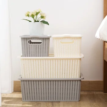 

1Pcs Imitation Rattan Clothes Underwear Storage Box Basket With Cover Plastic Large Toy Storage Container Wardrobe Organizer