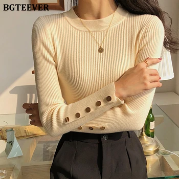 

BGTEEVER Spring Warm Basic Women Sweaters O-neck Vertical Stripes Buttons Solid Casual Knitting Tops Female Pullovers Jumpers