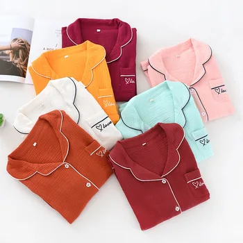 

New Gauze Cotton Women Pajamas 2 Pcs Casual Summer Pajamas Set Embroidery Elegant Femme Sleepwear Long Sleeve Solid Home Clothes