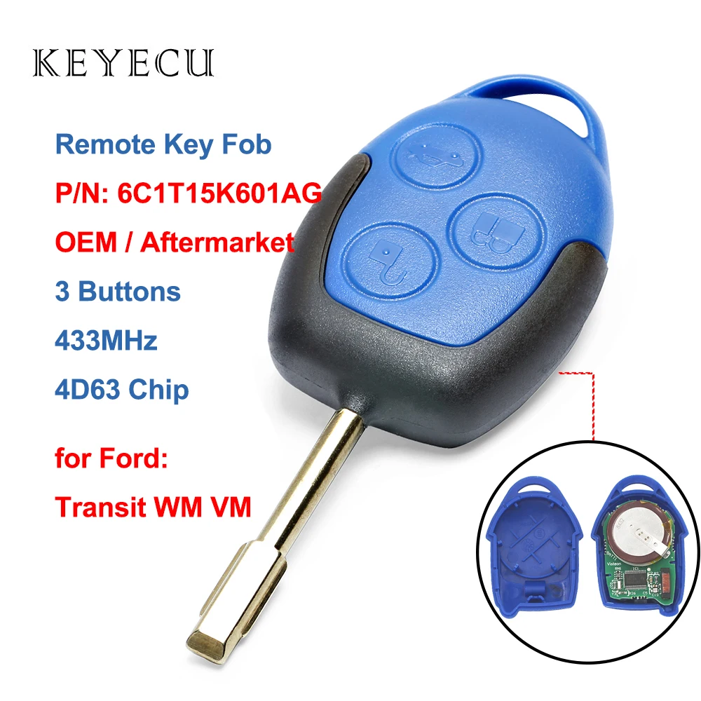 Дистанционный ключ Keyecu 6C1T15K601AG 3 кнопки 433 МГц 4D63 для Ford Transit WM VM 2006 2007 2008 2009 2010 2011 2012