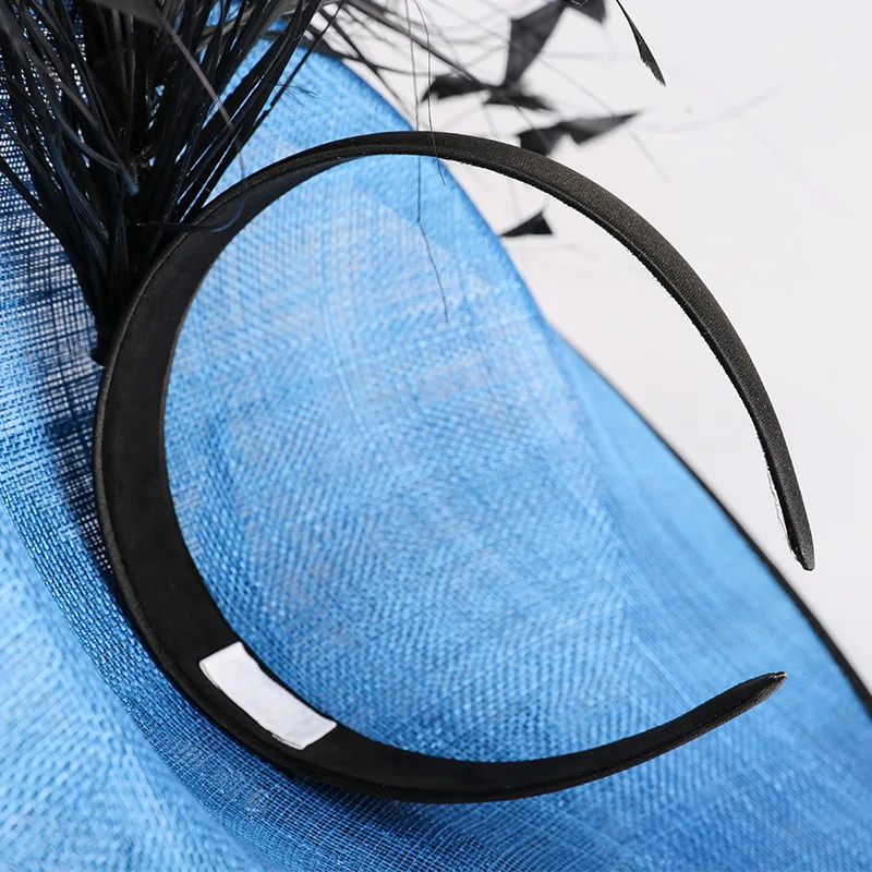 Брендовое роскошное натуральное украшение с перьями Sinamay Blue Hairband для женщин Европейский женский Банкетный коктейльный вечерние головной убор с цветами