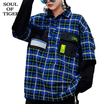 

SOUL OF TIGER 2019 Korean Brand Fashion Autumn Casual Streetwear Ladies Plaid Shirts Womens Patchwork Blouses Loose Vintage Tops