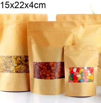 

Standup kraft paper bag with matt window and zipper for food, 15x22x4cm 100//lot