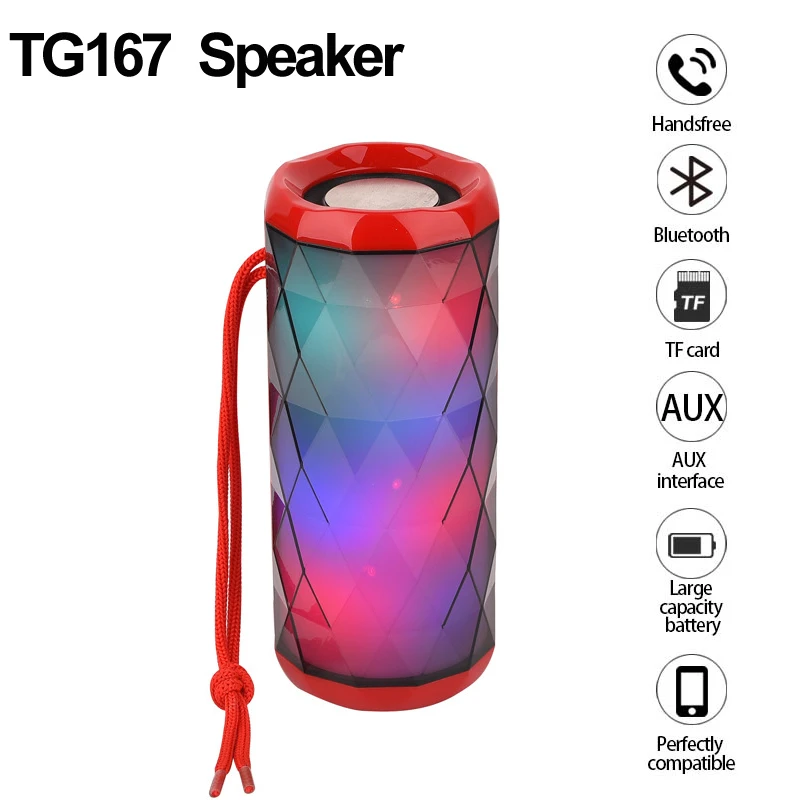 

TG167 Portable Speakers， LED Sounbar Button Control Bluetooth Bass Cool Color Polygonal Design Waterproof Wireless Loudspeaker